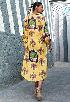 Digital Printed Pure Cotton Button Down Dress in Yellow