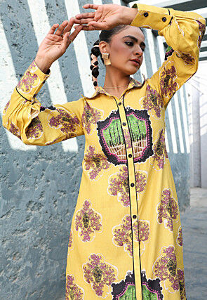 Digital Printed Pure Cotton Button Down Dress in Yellow