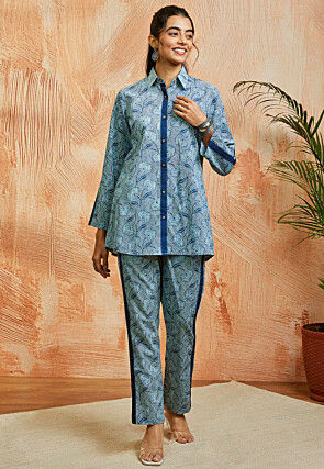Digital Printed Pure Cotton Co Ord Set in Blue