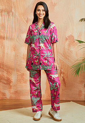 Digital Printed Pure Cotton Co Ord Set in Fuchsia