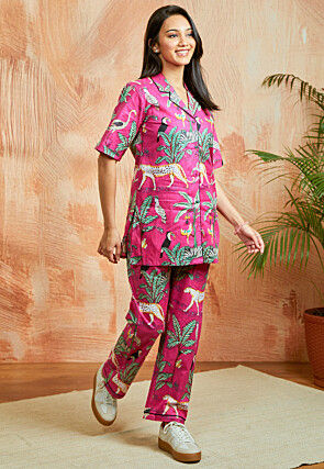 Digital Printed Pure Cotton Co Ord Set in Fuchsia