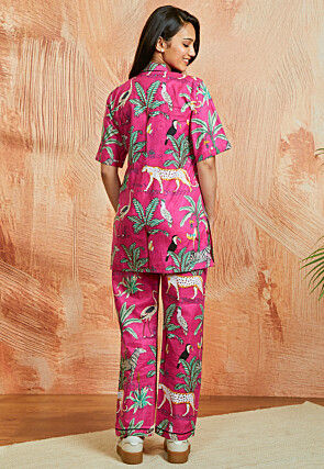 Digital Printed Pure Cotton Co Ord Set in Fuchsia