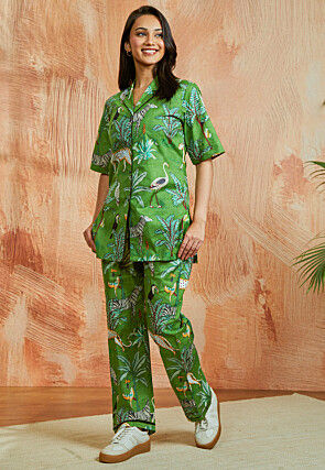 Digital Printed Pure Cotton Co Ord Set in Green