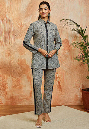 Digital Printed Pure Cotton Co Ord Set in Light Beige and Grey