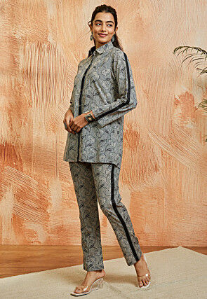 Digital Printed Pure Cotton Co Ord Set in Light Beige and Grey