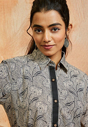 Digital Printed Pure Cotton Co Ord Set in Light Beige and Grey