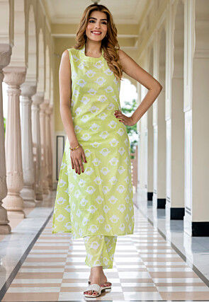 Digital Printed Pure Cotton Co Ord Set in Light Green