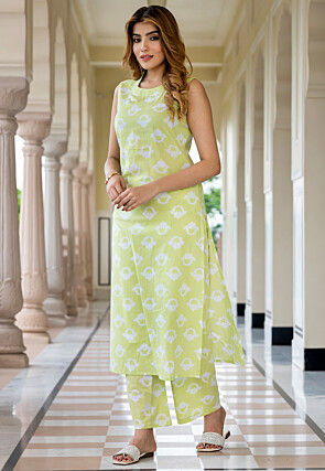 Digital Printed Pure Cotton Co Ord Set in Light Green