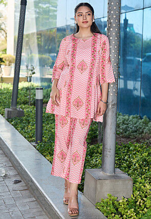 Digital Printed Pure Cotton Co Ord Set in Pink and Off White