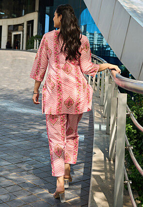 Digital Printed Pure Cotton Co Ord Set in Pink and Off White
