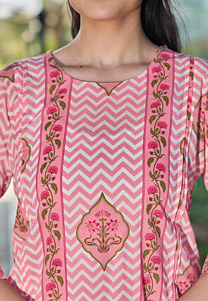 Digital Printed Pure Cotton Co Ord Set in Pink and Off White