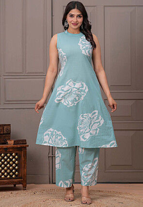 Digital Printed Pure Cotton Co Ord Set in Sea Green
