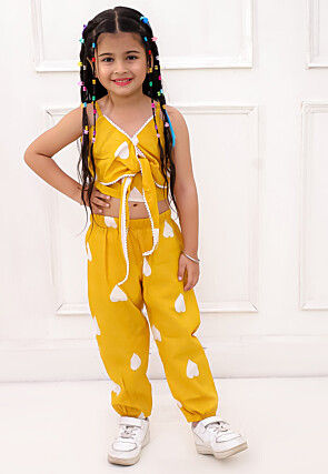 Digital Printed Pure Cotton Crop Top Set in Mustard
