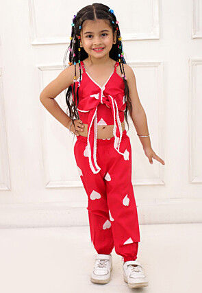 Digital Printed Pure Cotton Crop Top Set in Red