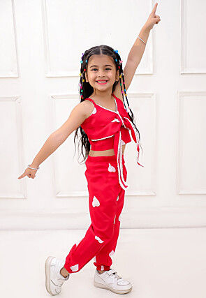 Digital Printed Pure Cotton Crop Top Set in Red