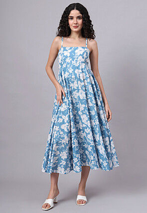 Digital Printed Pure Cotton Dress in Blue