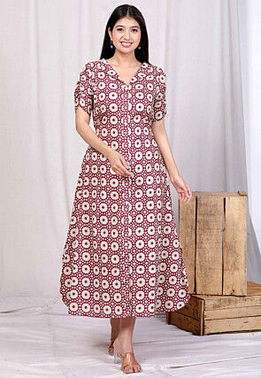 Digital Printed Pure Cotton Dress in Cream