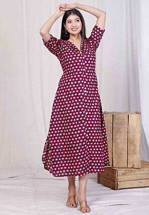 Digital Printed Pure Cotton Dress in Magenta