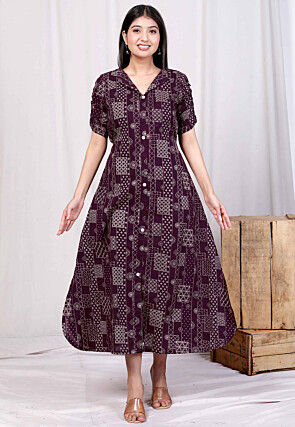 Digital Printed Pure Cotton Dress in Violet