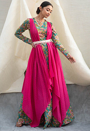 Digital Printed Pure Cotton Gown in Blue and Fuchsia