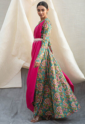 Digital Printed Pure Cotton Gown in Blue and Fuchsia