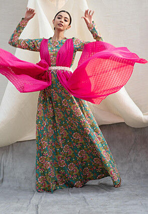 Digital Printed Pure Cotton Gown in Blue and Fuchsia