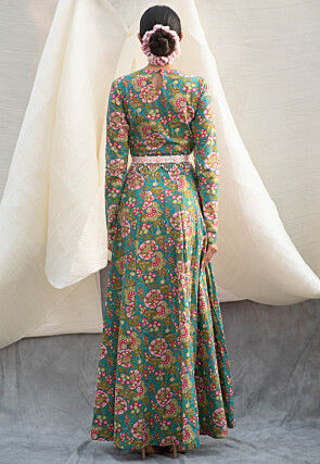 Digital Printed Pure Cotton Gown in Blue and Fuchsia