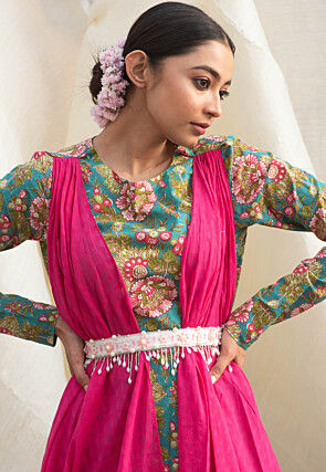 Digital Printed Pure Cotton Gown in Blue and Fuchsia