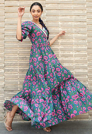 Digital Printed Pure Cotton Gown in Teal Blue