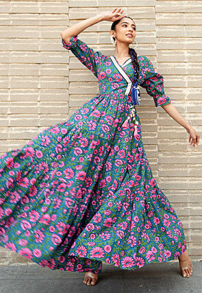 Digital Printed Pure Cotton Gown in Teal Blue