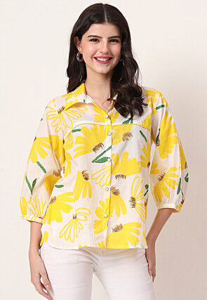 Digital Printed Pure Cotton High Low Top in White and Yellow