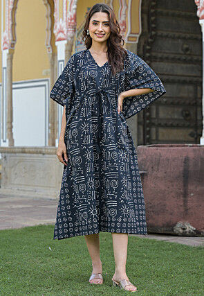 Digital Printed Pure Cotton Kaftan Dress in Navy Blue