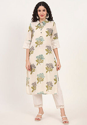 Digital Printed Pure Cotton Kurta in Off White