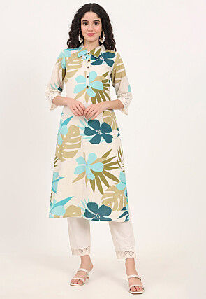 Digital Printed Pure Cotton Kurta in Off White