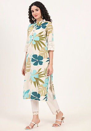 Digital Printed Pure Cotton Kurta in Off White