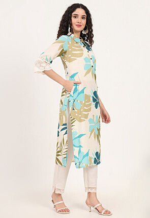 Digital Printed Pure Cotton Kurta in Off White