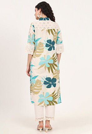 Digital Printed Pure Cotton Kurta in Off White