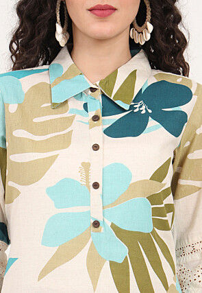 Digital Printed Pure Cotton Kurta in Off White