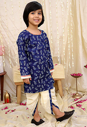 Digital Printed Pure Cotton Kurta Set in Navy Blue