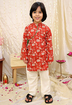 Digital Printed Pure Cotton Kurta Set in Red