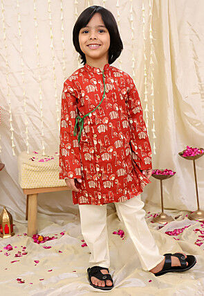 Digital Printed Pure Cotton Kurta Set in Red