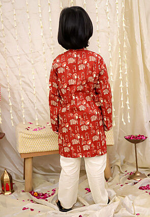 Digital Printed Pure Cotton Kurta Set in Red