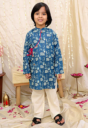 Digital Printed Pure Cotton Kurta Set in Teal Blue