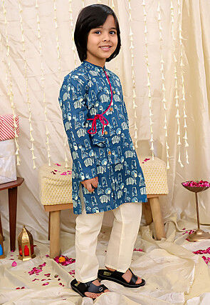 Digital Printed Pure Cotton Kurta Set in Teal Blue