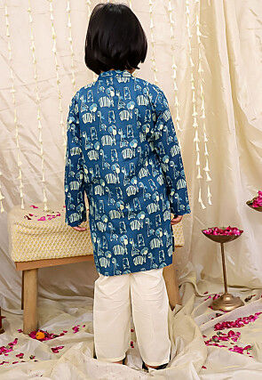Digital Printed Pure Cotton Kurta Set in Teal Blue