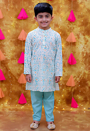 Digital Printed Pure Cotton Kurta Set in White
