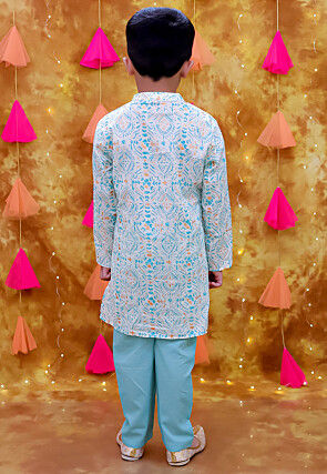 Digital Printed Pure Cotton Kurta Set in White