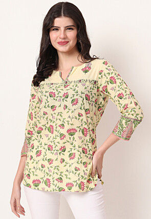 Digital Printed Pure Cotton Kurti in Light Yellow