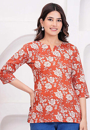 Digital Printed Pure Cotton Kurti in Rust