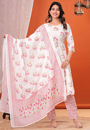 Digital Printed Pure Cotton Lurex A Line Suit in White